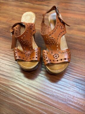 Eric Michael Tan Laser-Cut Leather Wedge Sandals